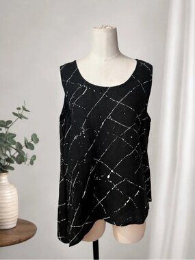 Snapdragon & Twig 100% Linen Black Abstract Print Sleeveless Tunic Top Size M